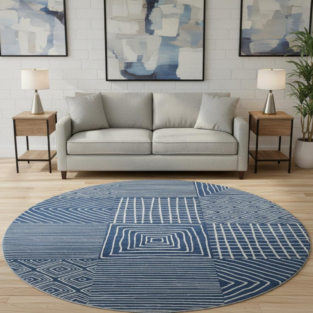 HomeRoots 8' Navy Blue Round Area Rug with Geometric Design - Washable, UV Protected & Perfect for High Traffic Areas 681908