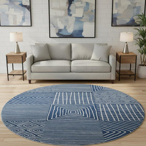HomeRoots 8' Navy Blue Round Area Rug with Geometric Design - Washable, UV Protected & Perfect for High Traffic Areas 681908