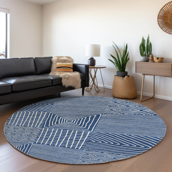 HomeRoots 8' Navy Blue Round Area Rug with Geometric Design - Washable, UV Protected & Perfect for High Traffic Areas 681908