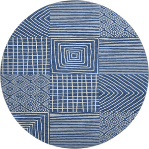 HomeRoots 8' Navy Blue Round Area Rug with Geometric Design - Washable, UV Protected & Perfect for High Traffic Areas 681908
