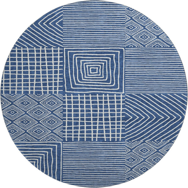 HomeRoots 8' Navy Blue Round Area Rug with Geometric Design - Washable, UV Protected & Perfect for High Traffic Areas 681908