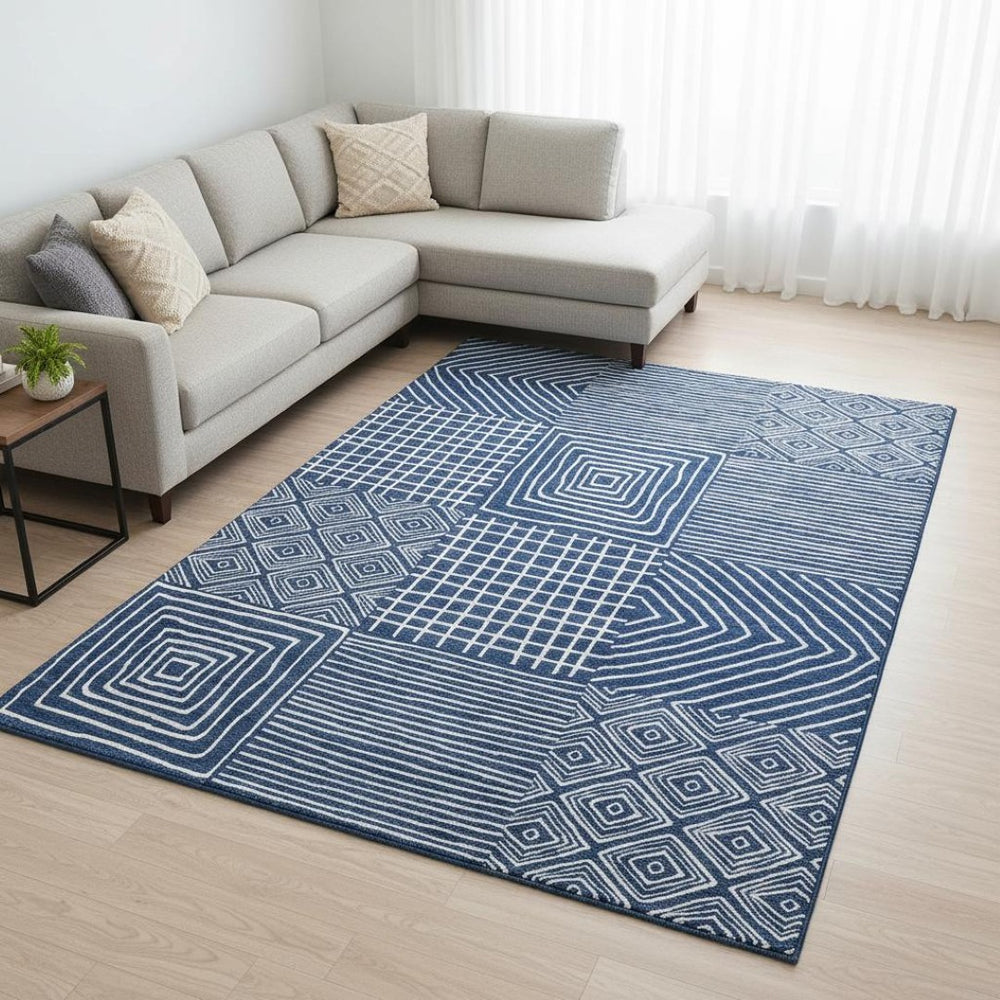 HomeRoots 8' X 10' Navy Blue & Ivory Geometric Area Rug - Washable, UV Protected, Modern Design for Every Room 681909