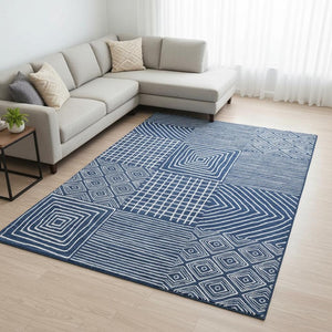HomeRoots 8' X 10' Navy Blue & Ivory Geometric Area Rug - Washable, UV Protected, Modern Design for Every Room 681909