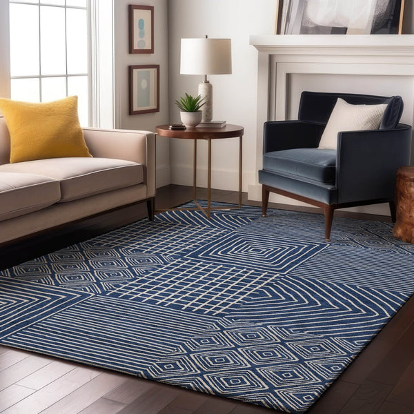 HomeRoots 8' X 10' Navy Blue & Ivory Geometric Area Rug - Washable, UV Protected, Modern Design for Every Room 681909