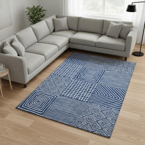 HomeRoots 9' X 12' Navy Blue And Ivory Geometric Area Rug - Washable, UV Protected, Modern Design for High-Traffic Spaces 681910