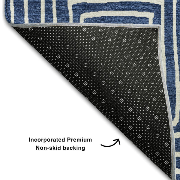HomeRoots 9' X 12' Navy Blue And Ivory Geometric Area Rug - Washable, UV Protected, Modern Design for High-Traffic Spaces 681910