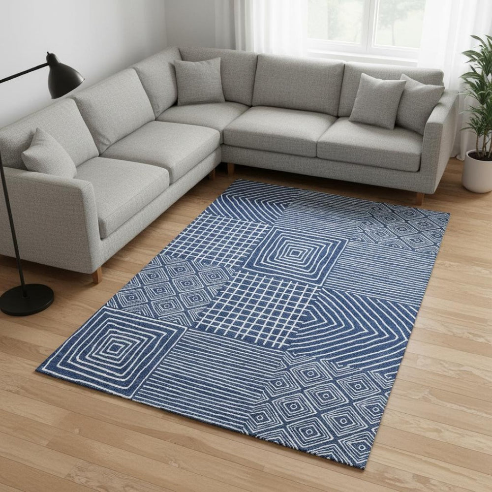 HomeRoots 10' X 14' Navy Blue and Ivory Geometric Area Rug - Washable, UV-Protected, Stylish & Durable Design 681911
