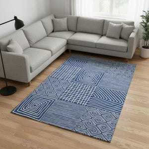 HomeRoots 10' X 14' Navy Blue and Ivory Geometric Area Rug - Washable, UV-Protected, Stylish & Durable Design 681911