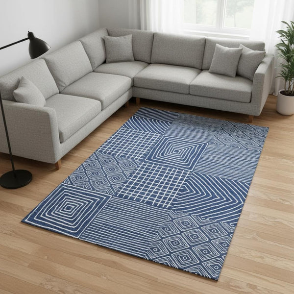 HomeRoots 10' X 14' Navy Blue and Ivory Geometric Area Rug - Washable, UV-Protected, Stylish & Durable Design 681911