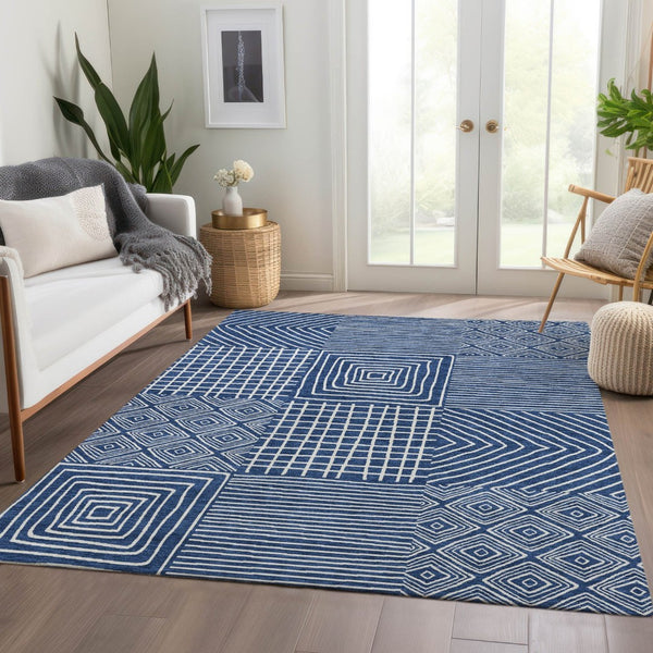 HomeRoots 10' X 14' Navy Blue and Ivory Geometric Area Rug - Washable, UV-Protected, Stylish & Durable Design 681911