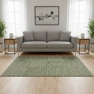 HomeRoots 5' Olive Green & Ivory Geometric Area Rug - Washable, UV Protected, Durable for High-Traffic Spaces 681913