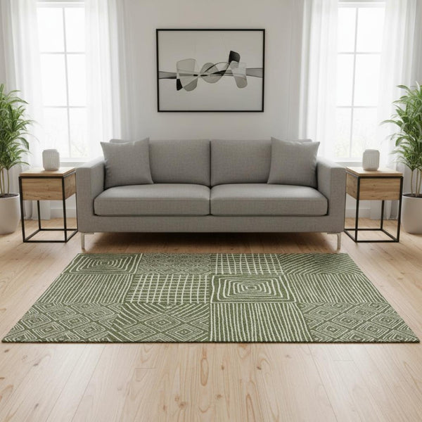 HomeRoots 5' Olive Green & Ivory Geometric Area Rug - Washable, UV Protected, Durable for High-Traffic Spaces 681913