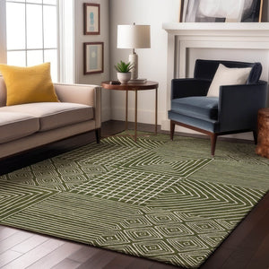 HomeRoots 5' Olive Green & Ivory Geometric Area Rug - Washable, UV Protected, Durable for High-Traffic Spaces 681913