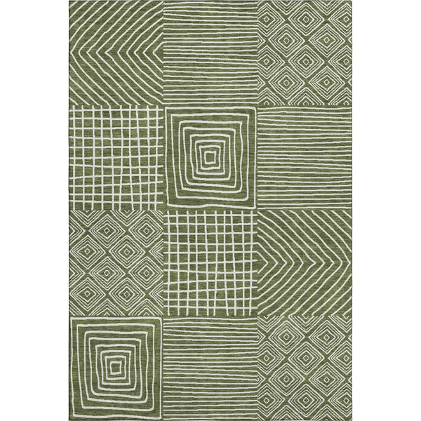 HomeRoots 5' Olive Green & Ivory Geometric Area Rug - Washable, UV Protected, Durable for High-Traffic Spaces 681913