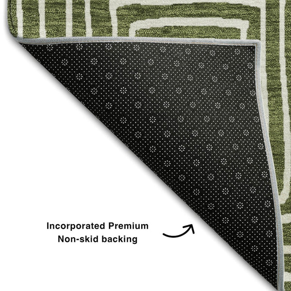 HomeRoots 5' Olive Green & Ivory Geometric Area Rug - Washable, UV Protected, Durable for High-Traffic Spaces 681913