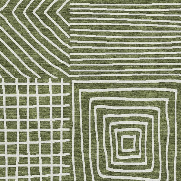 HomeRoots 5' Olive Green & Ivory Geometric Area Rug - Washable, UV Protected, Durable for High-Traffic Spaces 681913