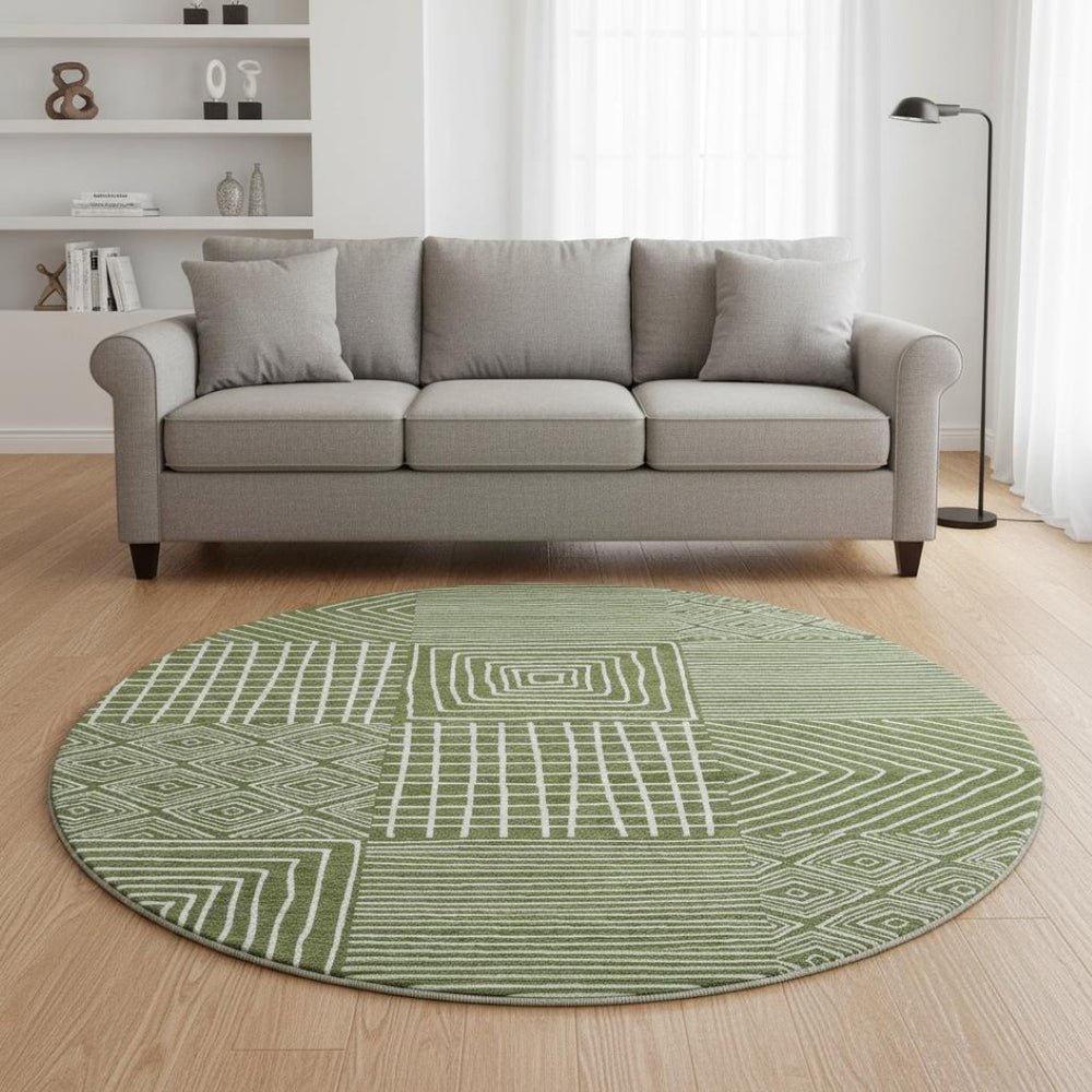 HomeRoots 8' Olive Green & Ivory Geometric Round Rug - Washable, UV-Protected, Stain-Resistant Design for Homes 681914
