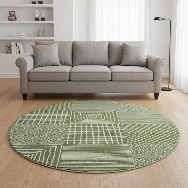 HomeRoots 8' Olive Green & Ivory Geometric Round Rug - Washable, UV-Protected, Stain-Resistant Design for Homes 681914