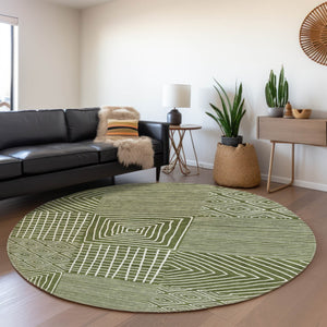 HomeRoots 8' Olive Green & Ivory Geometric Round Rug - Washable, UV-Protected, Stain-Resistant Design for Homes 681914