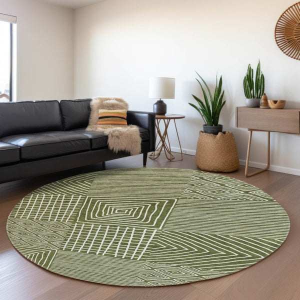 HomeRoots 8' Olive Green & Ivory Geometric Round Rug - Washable, UV-Protected, Stain-Resistant Design for Homes 681914