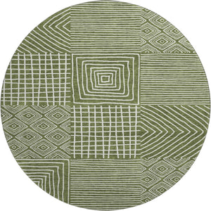 HomeRoots 8' Olive Green & Ivory Geometric Round Rug - Washable, UV-Protected, Stain-Resistant Design for Homes 681914