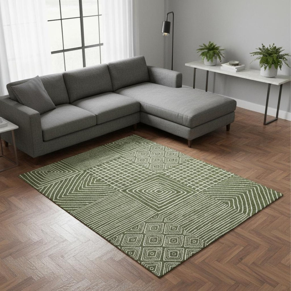 HomeRoots 8' X 10' Olive Green & Ivory Geometric Area Rug – Washable, UV-Protected, Stylish & Durable Design 681915