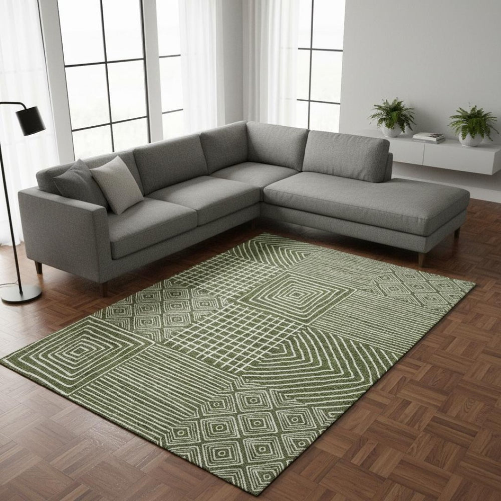 HomeRoots 9' Olive Green and Ivory Geometric Area Rug - Washable, UV Protected, Durable for High-Traffic Spaces 681916