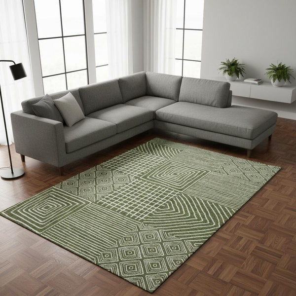 HomeRoots 9' Olive Green and Ivory Geometric Area Rug - Washable, UV Protected, Durable for High-Traffic Spaces 681916