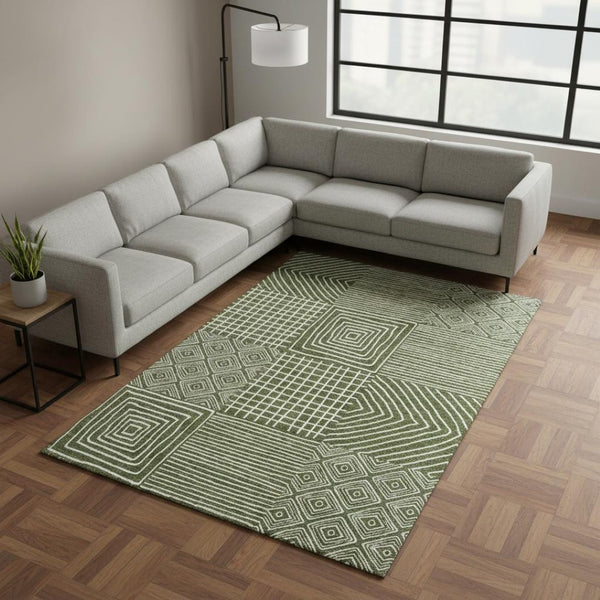 HomeRoots 10' X 14' Olive Green and Ivory Geometric Area Rug - Washable, UV-Protected, Perfect for High-Traffic Spaces 681917