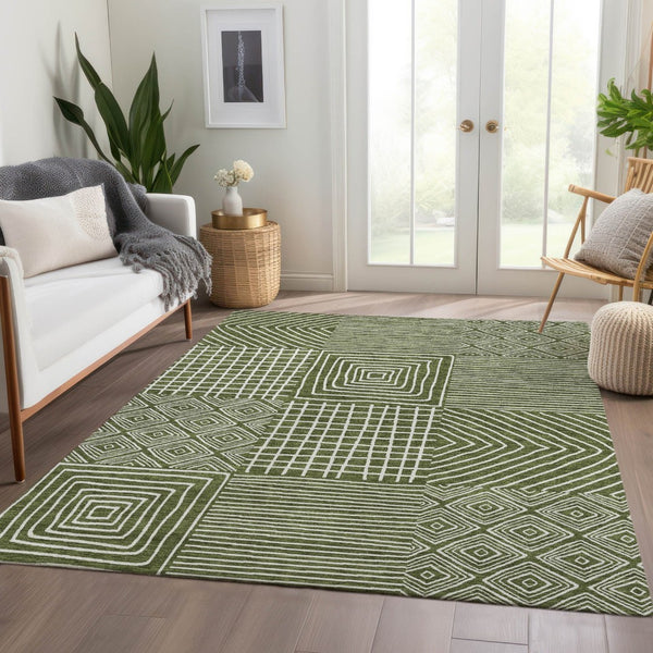 HomeRoots 10' X 14' Olive Green and Ivory Geometric Area Rug - Washable, UV-Protected, Perfect for High-Traffic Spaces 681917
