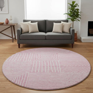 HomeRoots 8' Pink and Ivory Geometric Round Rug - Washable, UV Protected, Ideal for Busy Homes & Modern Décor 681920