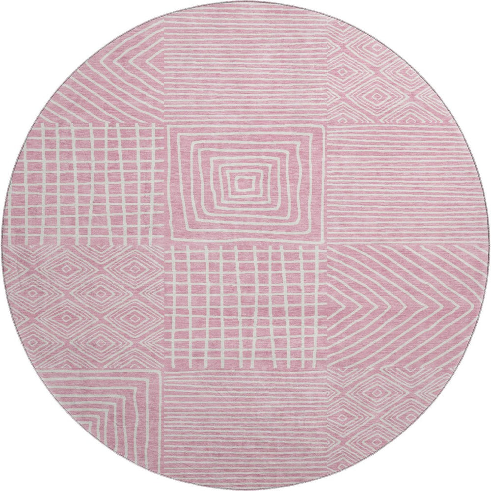 HomeRoots 8' Pink and Ivory Geometric Round Rug - Washable, UV Protected, Ideal for Busy Homes & Modern Décor 681920