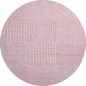 HomeRoots 8' Pink and Ivory Geometric Round Rug - Washable, UV Protected, Ideal for Busy Homes & Modern Décor 681920