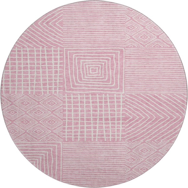 HomeRoots 8' Pink and Ivory Geometric Round Rug - Washable, UV Protected, Ideal for Busy Homes & Modern Décor 681920