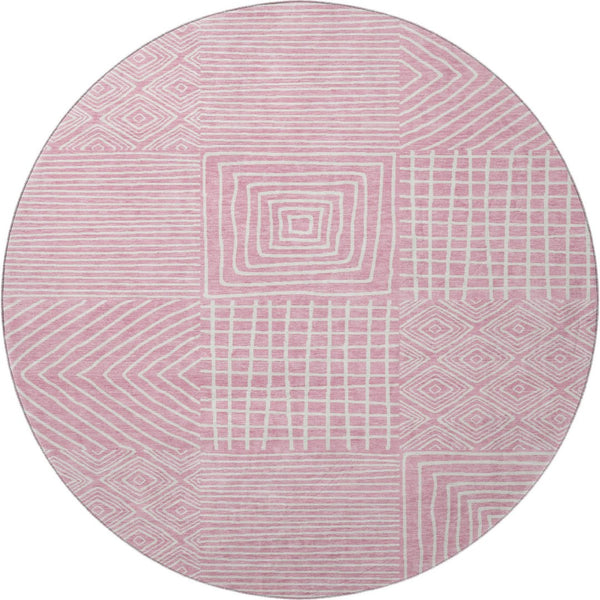 HomeRoots 8' Pink and Ivory Geometric Round Rug - Washable, UV Protected, Ideal for Busy Homes & Modern Décor 681920