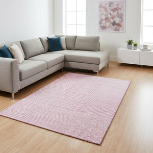 HomeRoots 8' X 10' Pink and Ivory Geometric Washable Area Rug - Durable, Stain-Resistant, UV Protected Style! 681921