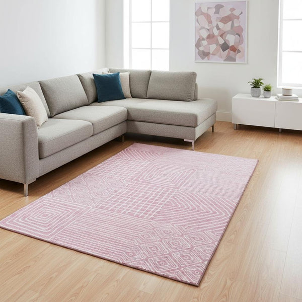 HomeRoots 8' X 10' Pink and Ivory Geometric Washable Area Rug - Durable, Stain-Resistant, UV Protected Style! 681921