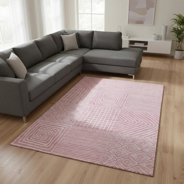 HomeRoots 9' x 12' Pink and Ivory Geometric Washable Area Rug – Stylish, Durable, and Easy-Care for Any Room 681922