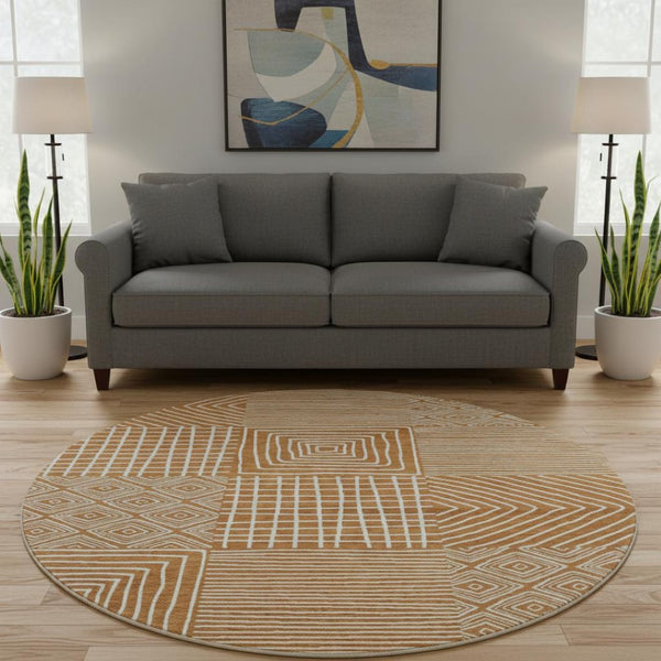 HomeRoots 8' Stylish Rust and Beige Round Rug - Modern Geometric Design with UV Protection for High Traffic Areas 681926