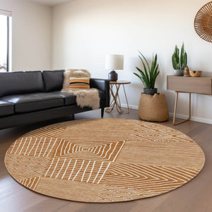 HomeRoots 8' Stylish Rust and Beige Round Rug - Modern Geometric Design with UV Protection for High Traffic Areas 681926