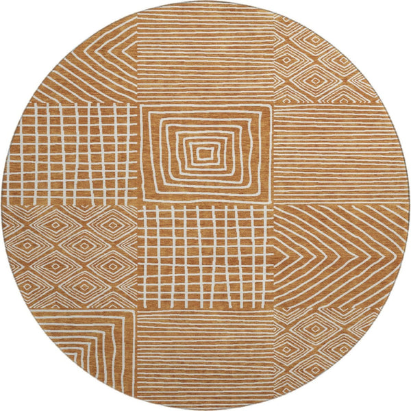 HomeRoots 8' Stylish Rust and Beige Round Rug - Modern Geometric Design with UV Protection for High Traffic Areas 681926