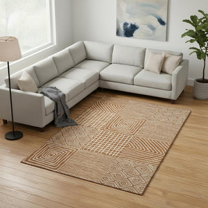 HomeRoots 9' X 12' Stylish Rust and Beige Geometric Washable Area Rug with UV Protection for Busy Homes 681928