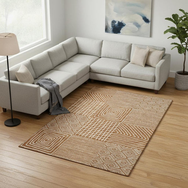 HomeRoots 9' X 12' Stylish Rust and Beige Geometric Washable Area Rug with UV Protection for Busy Homes 681928