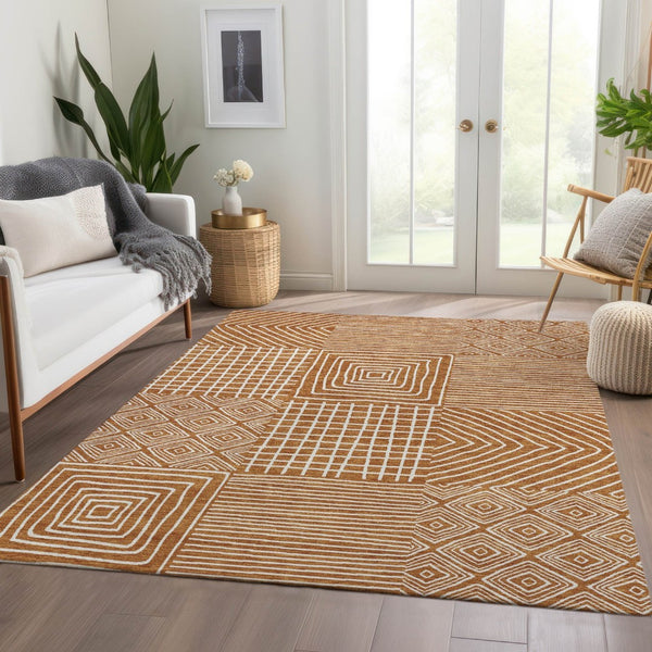 HomeRoots 9' X 12' Stylish Rust and Beige Geometric Washable Area Rug with UV Protection for Busy Homes 681928