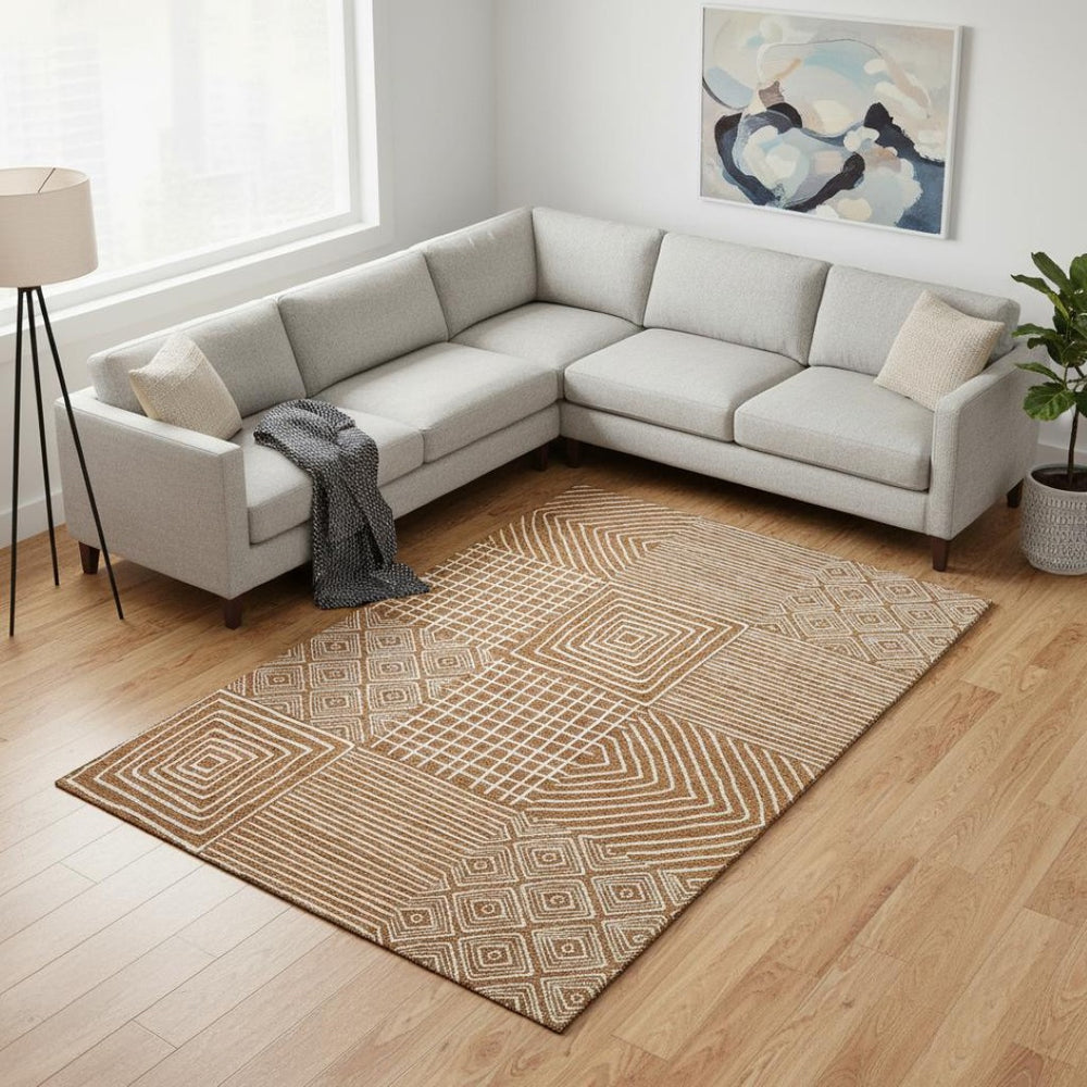 HomeRoots 10' X 14' Geometric Washable Area Rug in Rust & Beige - UV Protected, Durable & Stylish for Any Room 681929