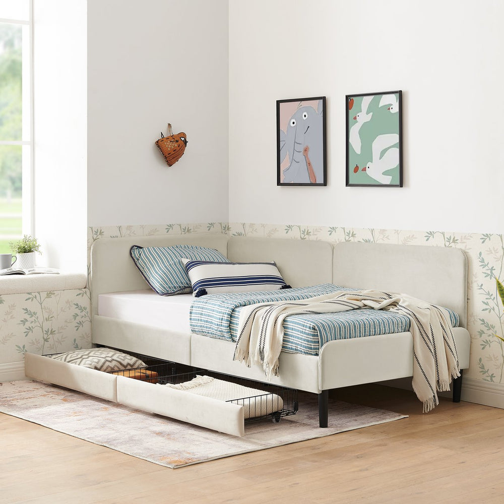 English Elm Twin Velvet Upholstered Platform Bed with 2 Underbed Storage Drawers, Convertible Sofa, Beige Twin W1413P298909