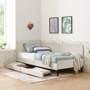 English Elm Twin Velvet Upholstered Platform Bed with 2 Underbed Storage Drawers, Convertible Sofa, Beige Twin W1413P298909