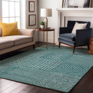 HomeRoots 5' X 8' Teal and Ivory Geometric Area Rug – Durable, Washable, UV-Protected for Modern Spaces 681931