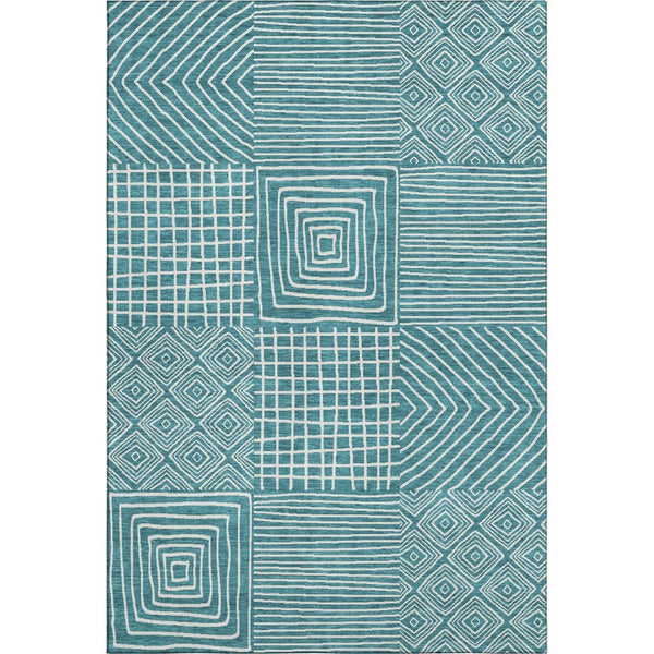 HomeRoots 5' X 8' Teal and Ivory Geometric Area Rug – Durable, Washable, UV-Protected for Modern Spaces 681931