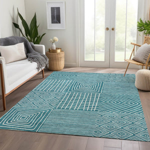 HomeRoots 5' X 8' Teal and Ivory Geometric Area Rug – Durable, Washable, UV-Protected for Modern Spaces 681931